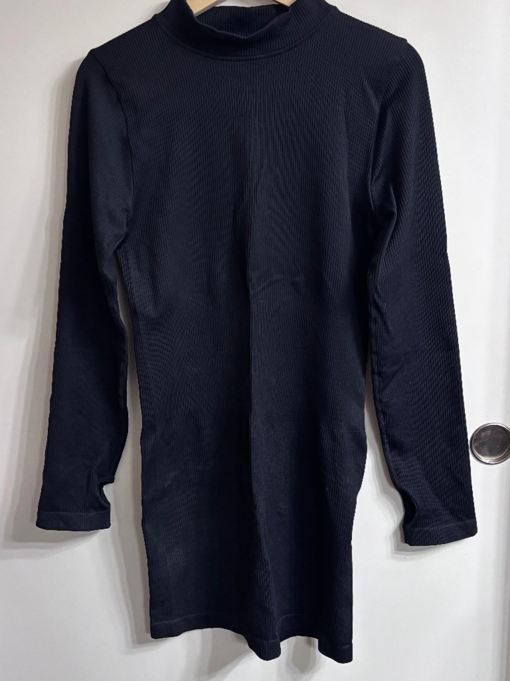OQQ Ribbed Mock Neck Long Sleeve Mini Dress Black XL Thumbholes